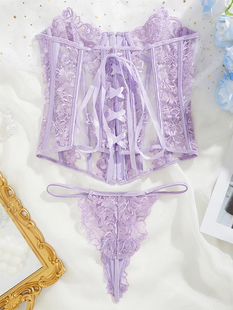 Sexy Women Bra Sets Lace Up Boned Bustier and Thongs Transparent Underwear 2 Pieces Lingerie Set Floral Embroidery Body Shaper