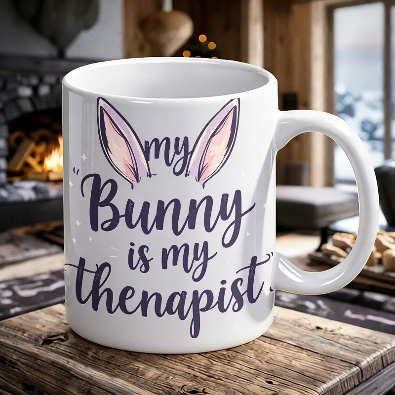 

1PCS Healing Rabbit Quotes Ceramic Mug with Handle, Creative Coffee Mug, Milk Cup, Office Tea Cup, Drinking Cup, Fade-Resistant