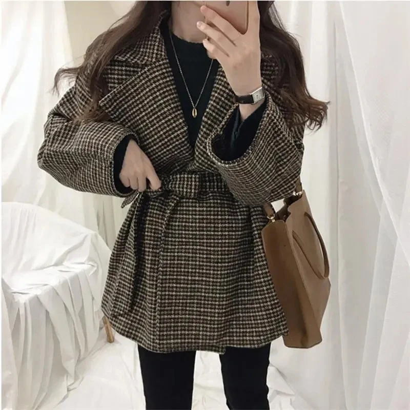 Houndstooth Big Lapel Jacket Women Korean Fall Winter Warm Tweed Outwear Fashion Elegant Skinny Office Lady Harajuku Coat