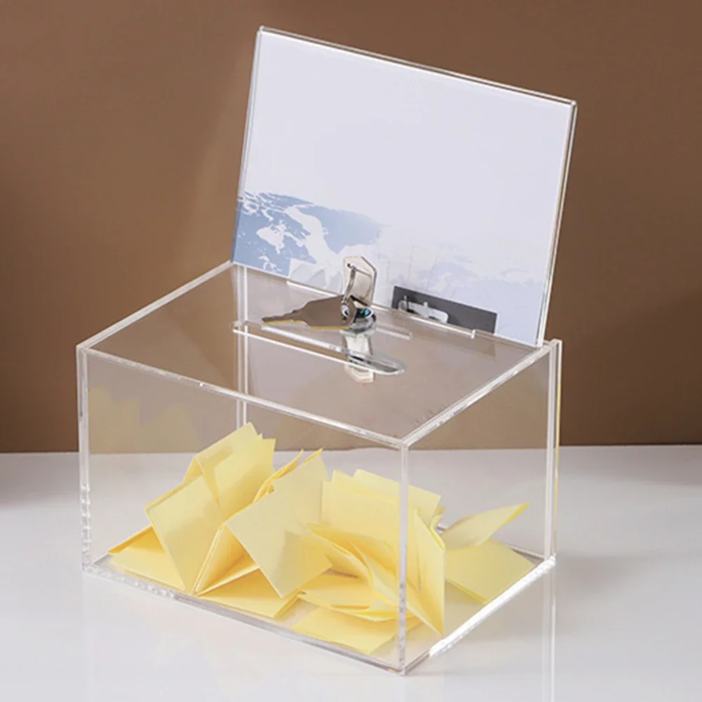 Acrylic Donation Box with Slot Raffle Ticket Container with Lock and Sign Holder Cardboard Raffle Box for Ballots and Feedback