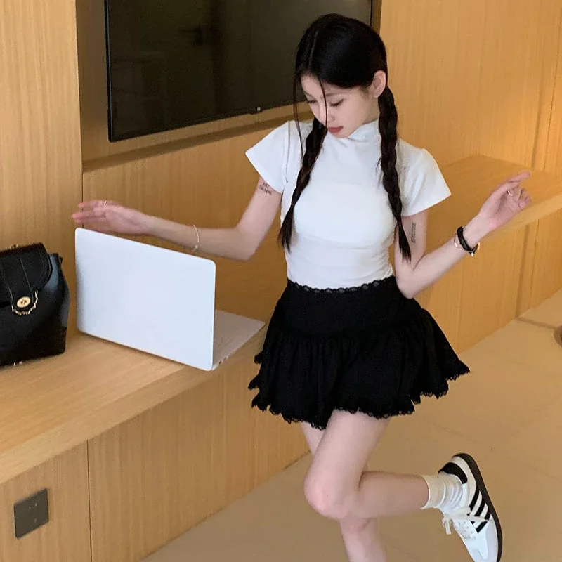 2025 Sweet Solid Skirts Women Summer Sweet Style High Waist Lace A-line Fashion Short Skirt Woman