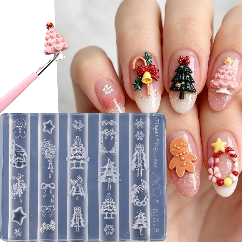 1/2pcs 3D Christmas Nail Silicone Molds Snowflake Xmas Tree Bow Santa Gingerbread Man DIY Nail Carving Template Manicure Tools