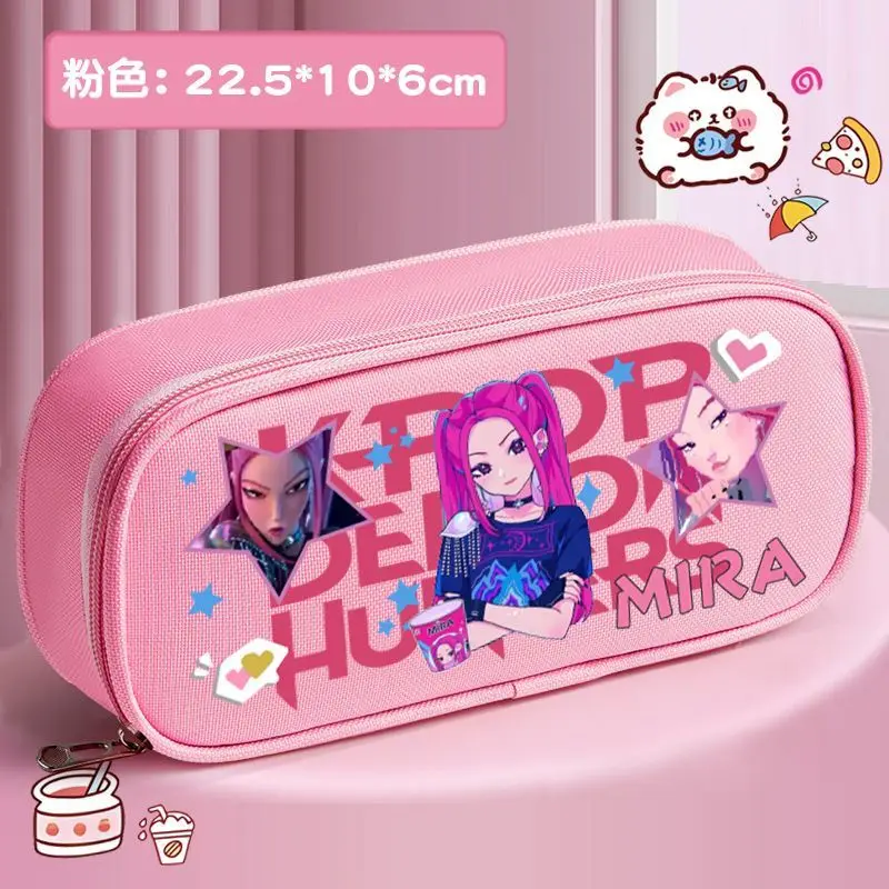 Trousse à crayons en toile à trois couches, dessin animé Demon Hunters, Rumi Mira Zoey, sac à stylos imprimé Kawaii, cadeaux pour étudiants