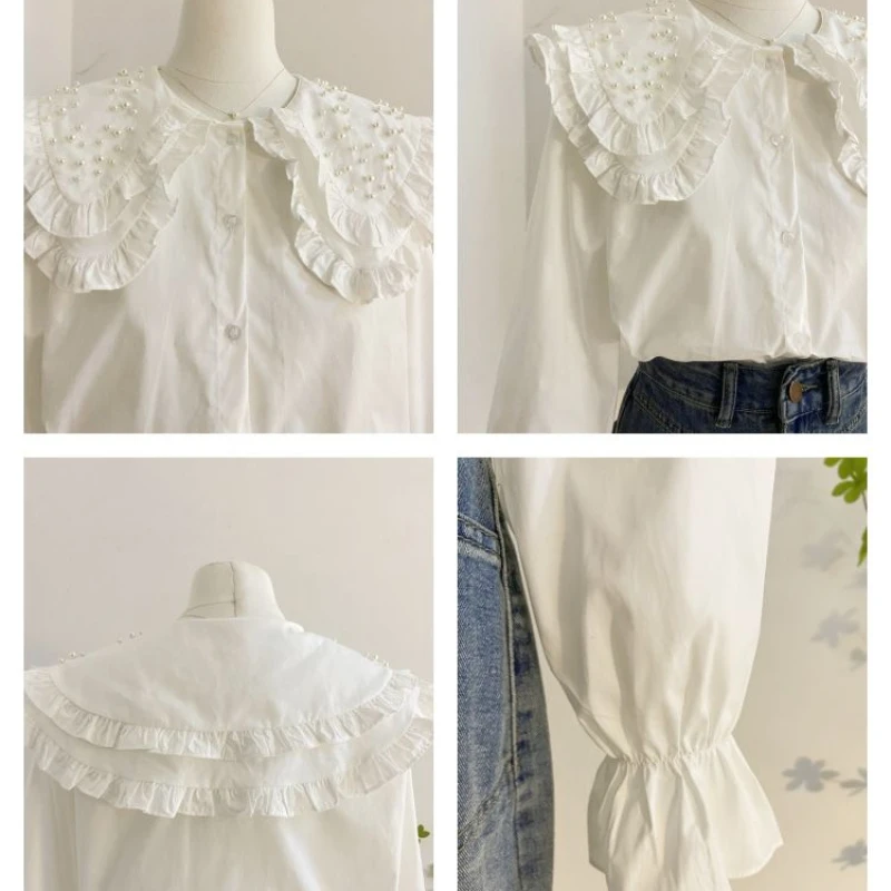 Double layered doll collar shirt, women's long sleeved sweet anti-aging nail bead fashionable and stylish versatile chic top