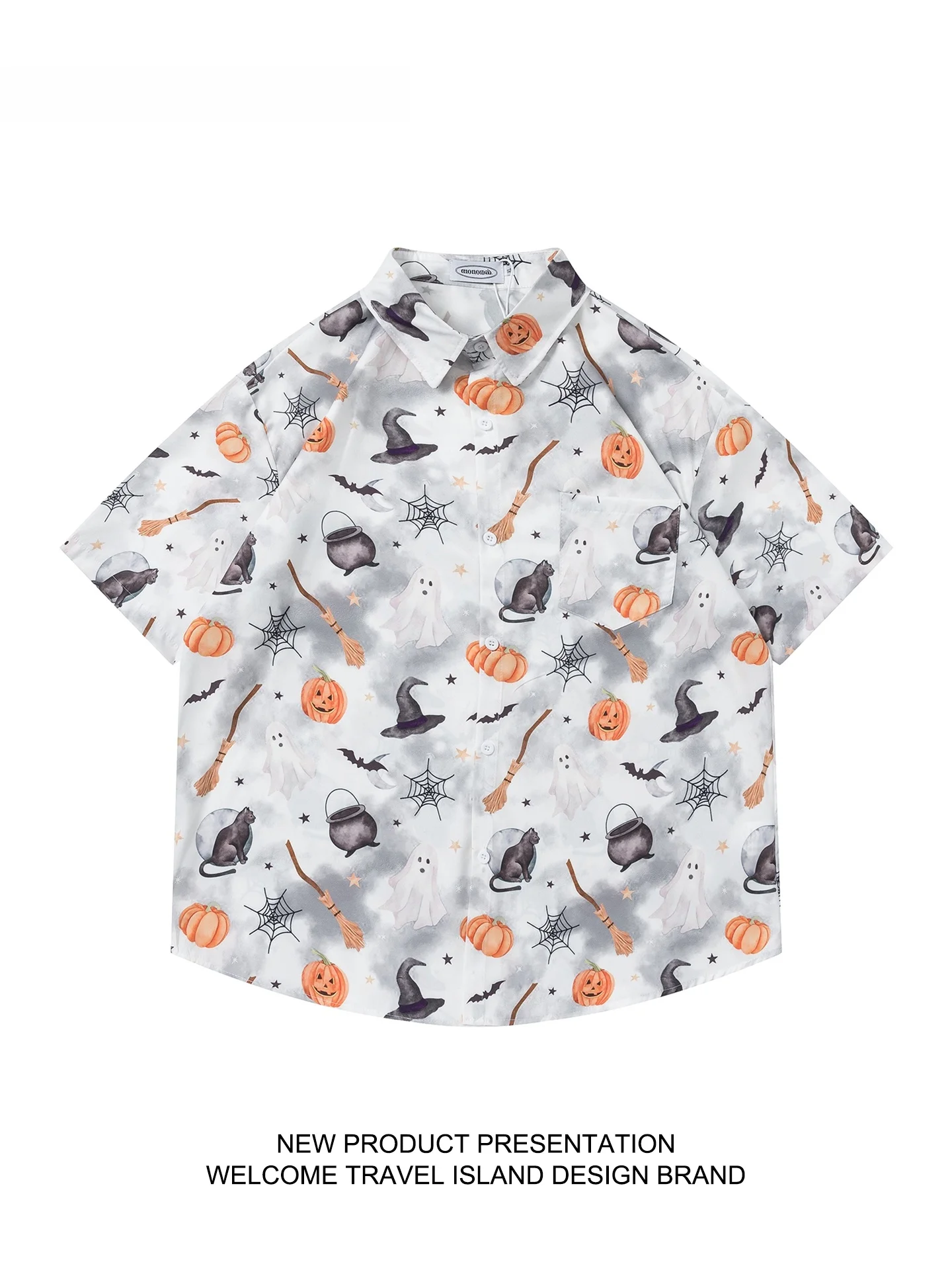 

Travel Island Fun Cartoon Halloween Theme Print Short Sleeve Shirt Casual Loose Fit Polyester Fiber Summer Shirt for Couples