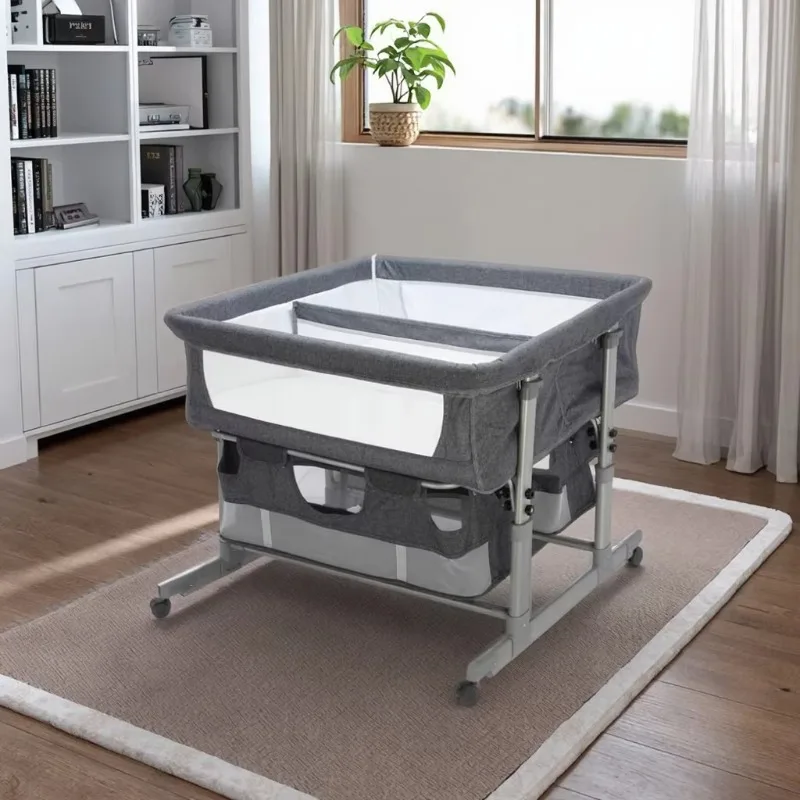 2026  New Model Twin Baby Crib With Height Adjustable And Foldable Bed Double Storage Basket For Bedroom School Or Hotel Use