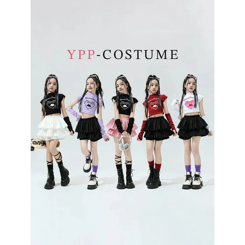 طفل لطيف الهيب هوب الملابس الوردي طباعة المحاصيل تي شيرت الأكمام الأبيض الطبقات مطوي تنورة صغيرة للفتيات ملابس رقص الجاز الملابس