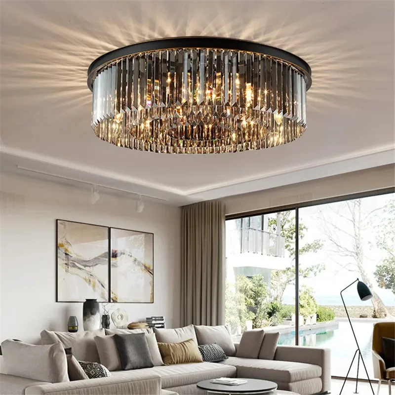 

New Modern Crystal Ceiling Light Black Round Ceiling Lamp E14 Led Luminaires Kitchen Dining Room Bedroom Indoor Home Lighting