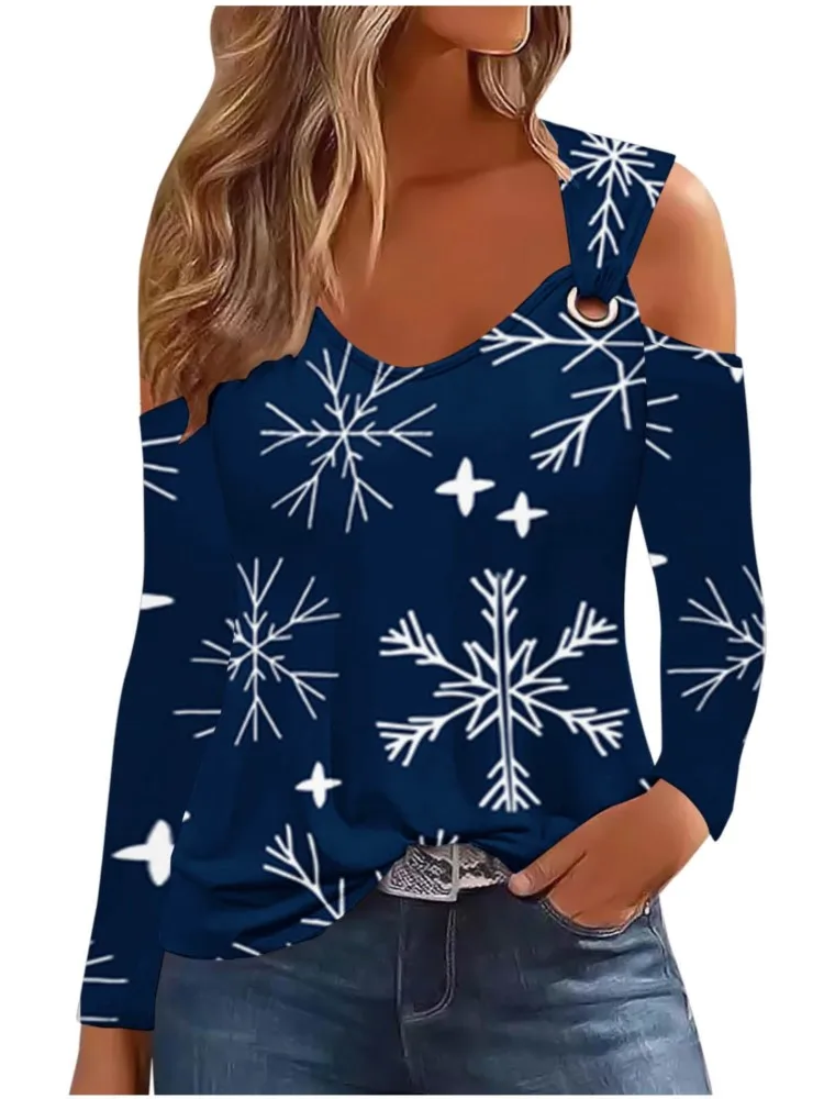 

Christmas T Shirt For Women Long Sleeve Y2k Pulovers Off Shoulder Shirts & Blouses Youthful Clothes For Women 2023 New Arrivals