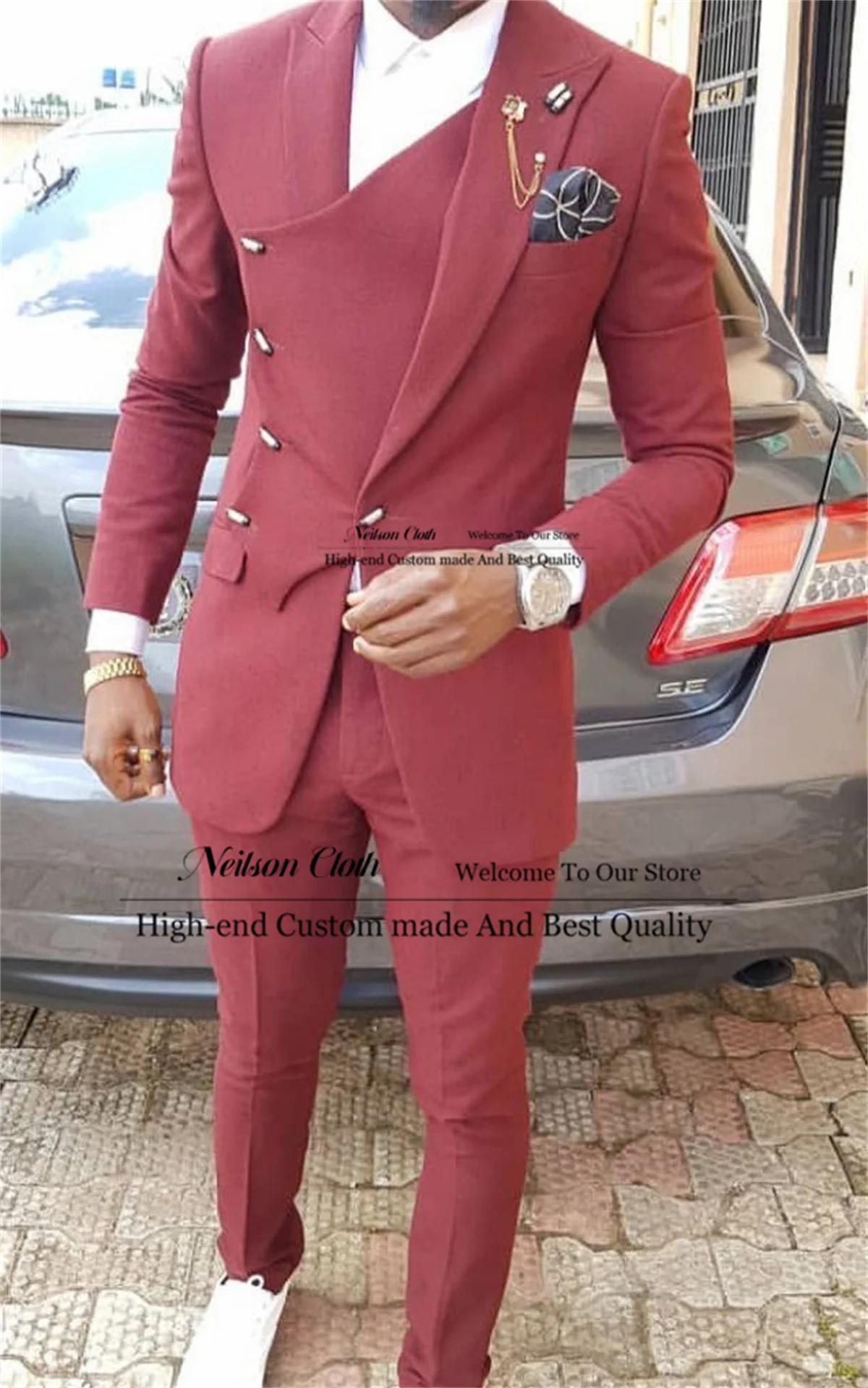 

Fashion 2 Pieces Sets Male Prom Blazers Double Breasted Groom Wedding Tuxedos Business Customized Peaked Lapel Terno Masculino