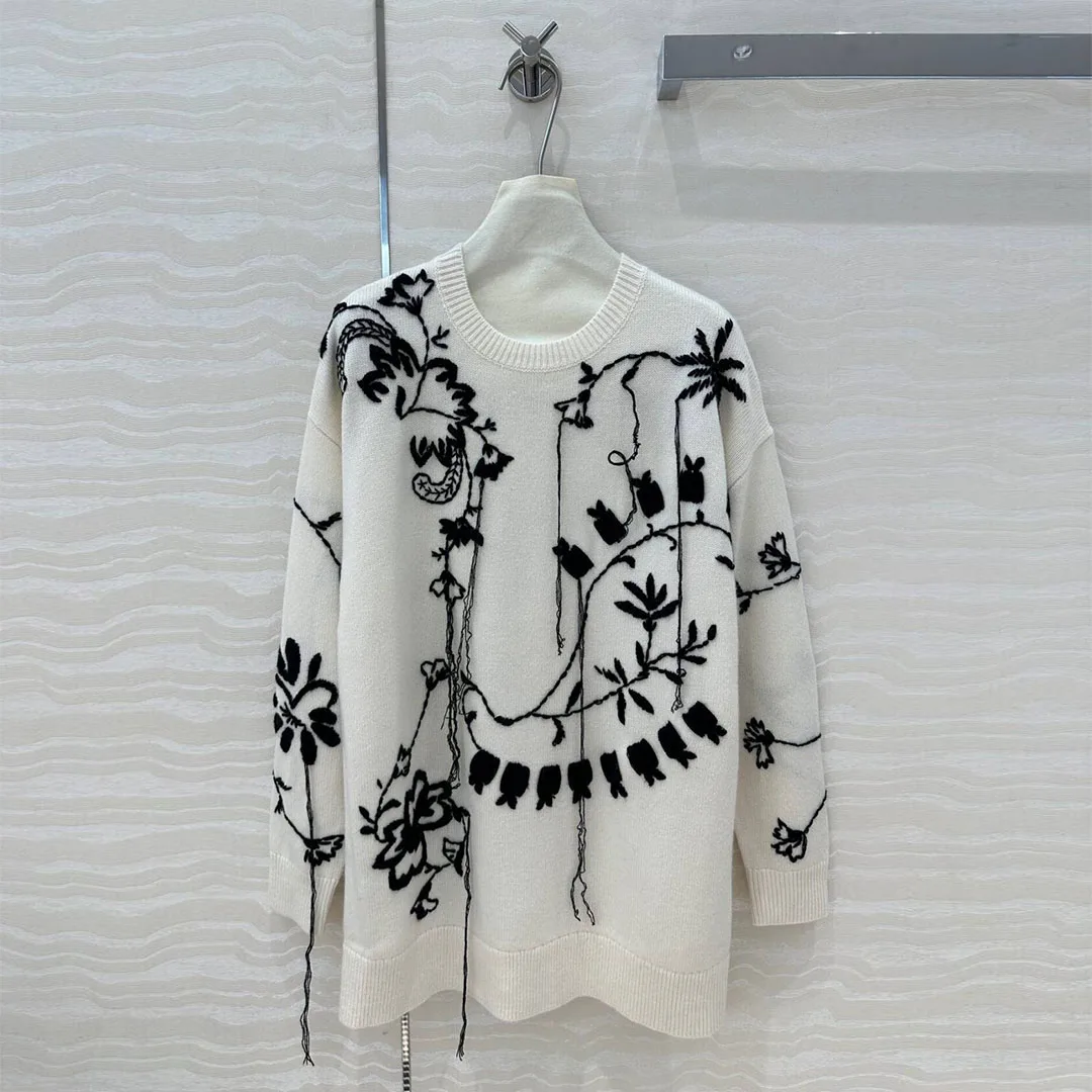 2024 New Autumn Fashion Luxury 100% Cashmere Long Pullover Women's Sweater Embroidery 3D Hook Flower Pattern Loose Knitwear