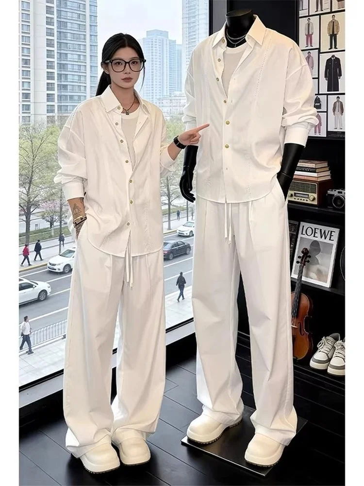 White Silk-Like Linen Men's Long Sleeve Shirt High-End Style Casual Sport Suit Set Autumn Collection Chinese Manufacturer