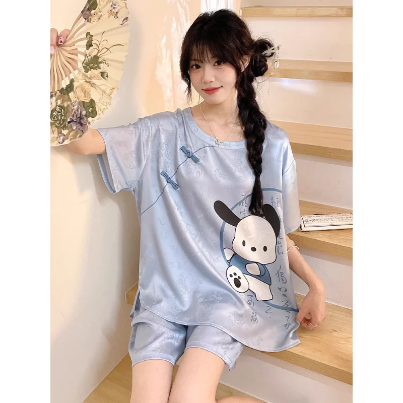 Sanrio Pacha Dog Silk Pajamas Women's Summer Ice Silk Short Sleeve Shorts Breathable Women's Pajamas Homewear Pajamas Pants Set