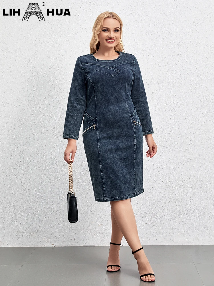 LIH HUA Women\'s Plus Size Denim Dress Round Neck Autumn Chic Elegant Dresses For Chubby Women Woven Cotton Dress