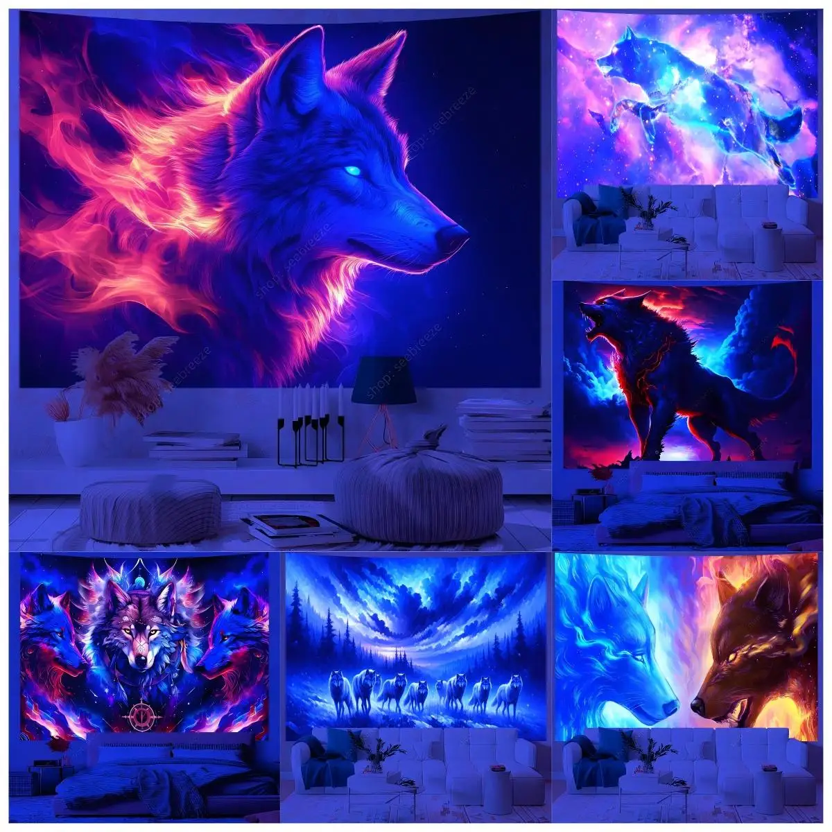 VIKAMA Dark Wolves Wandteppich, blaue und violette Flamme, Lichteffekte, Gaming-Zimmer, skandinavisches Wohnzimmer, minimalistische Schlafzimmer-Dekoration