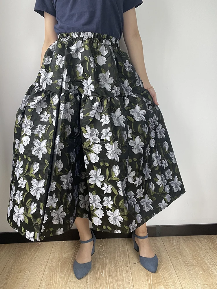 

Vintage Style Floral Pattern Pleated Flare Long Skirt High Waist Jacquard Hemline Skirt 2024 Spring/Summer Women Clothes