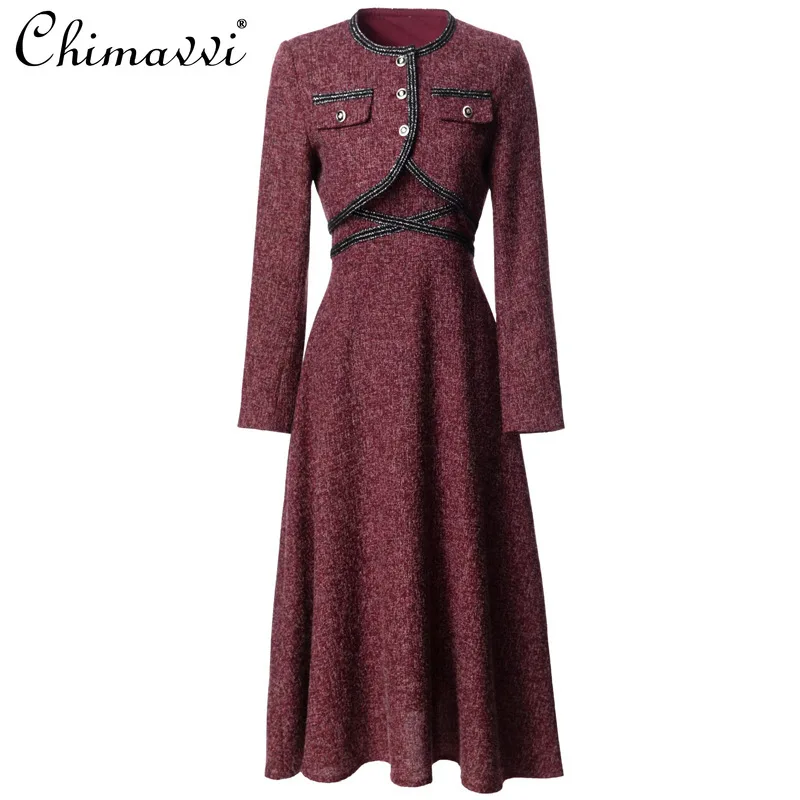 

Модный однобортный комплект с круглым вырезом и длинными рукавами, короткий топ, куртка, платье на бретелях, весенне-осенний новый женский комплект из двух предметов