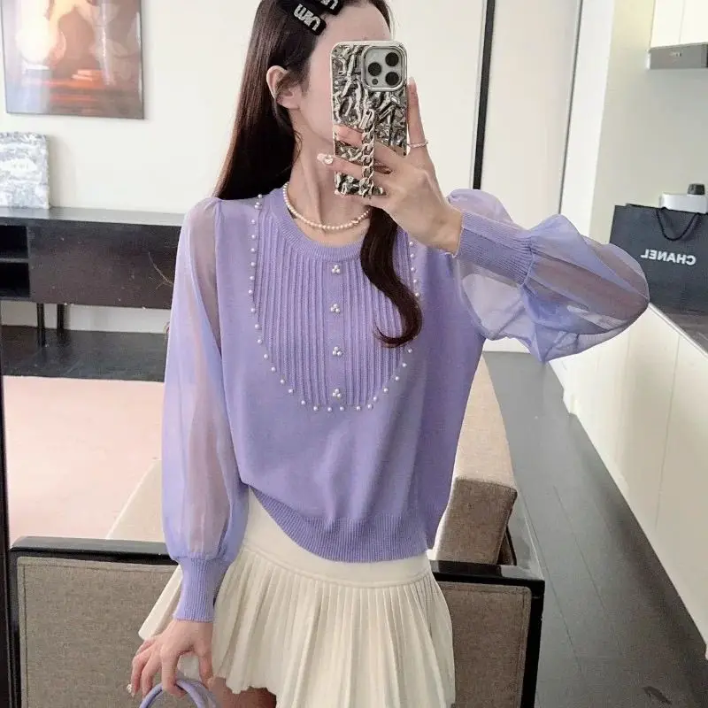 Temperament French Style Niche Beaded Chiffon Splicing Sweater Pullover Knitted Spring 2025 New Women's Crew Neck Top