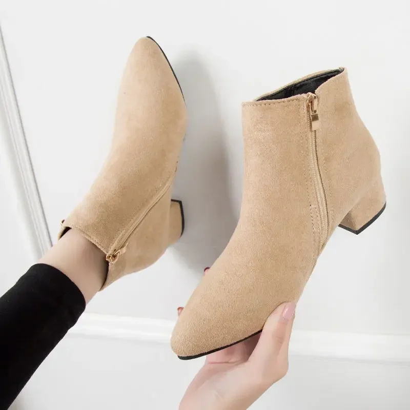 Fashion Women Boots Casual Leather Low High Heels Spring Shoes Woman Pointed Toe Rubber Ankle Boots Black Red Zapatos Mujer785