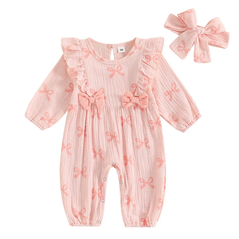 RUEWEY 0 to 12 Months Baby Girl Romper Spring Autumn Clothes Long Sleeve Bow Print Ruffle Jumpsuit with Headband Set Newborn