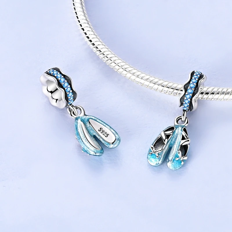 

925 Sterling Silver Blue Ballet Shoes Butterfly Charms Pendant For Women Fit Original Bracelet DIY Birthday Party Jewelry Gifts