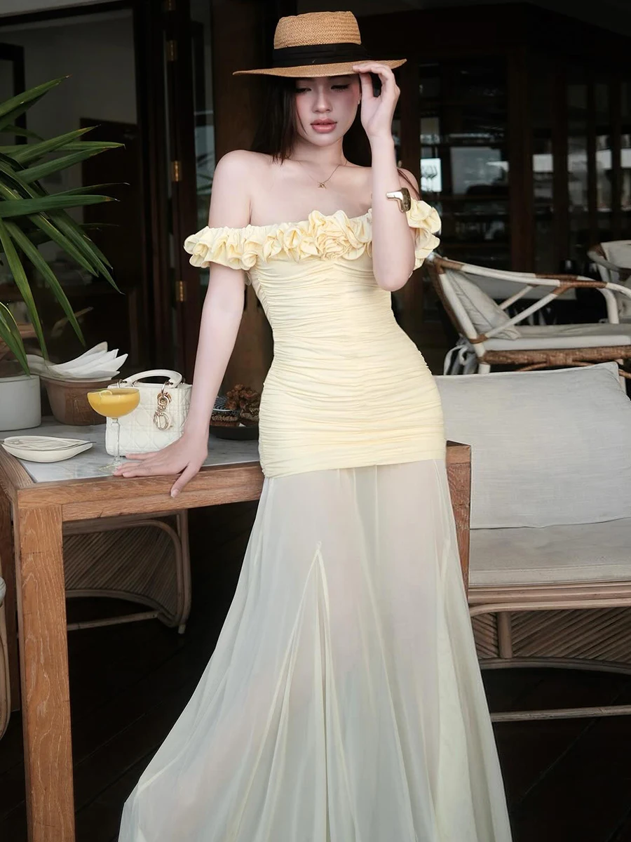 WEIRD PUSS Ele Geel Rose Jurk vrouwen Chiffon ter Dr Rok Set Franse Sle Zomer Faion Tweedelig pak