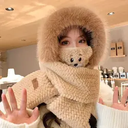 4 in 1 Hat Scarf Gloves Mask Set Cute Cartoon Bear Ear Beanie for Women Girls Winter Warm Fleece Plush Caps Hats Outdoor Beanie