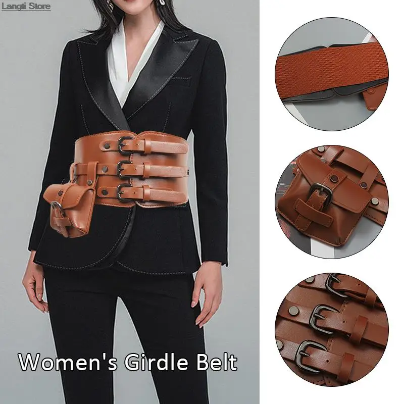 

Women Fashion PU Leather Waist Belts Bag Cummerbunds Waist Bag Female Dress Corsets Waistband Decor Medieval Wide Belt With Bag