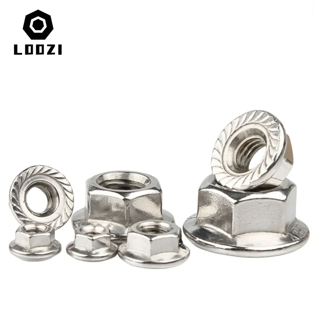 1/2/5/10/25X M3 M4 M5 M6 M8 M10 M12 M16 M20 304 Stainless steel Hexagon Hex Head Serrated Spinlock Flange Nut Lock Nuts DIN6923