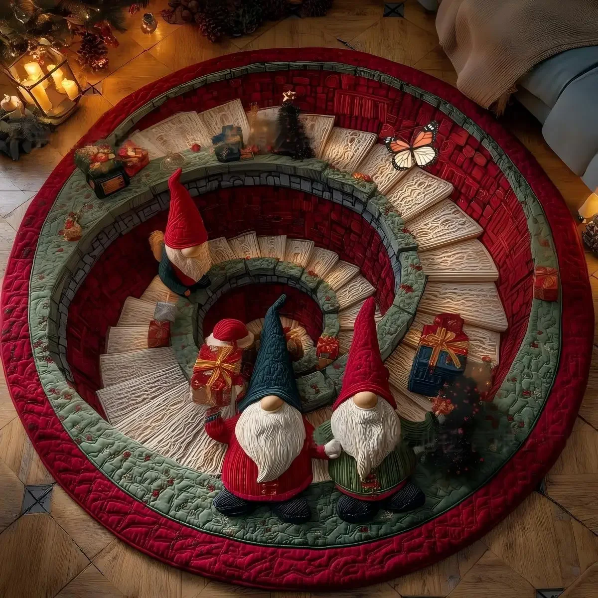 VIKAMA Little Tomte Spiral Staircase Round Rug Soft Flannel Non-Slip Bedroom Bedside Living Room Christmas Carpet Cozy Home
