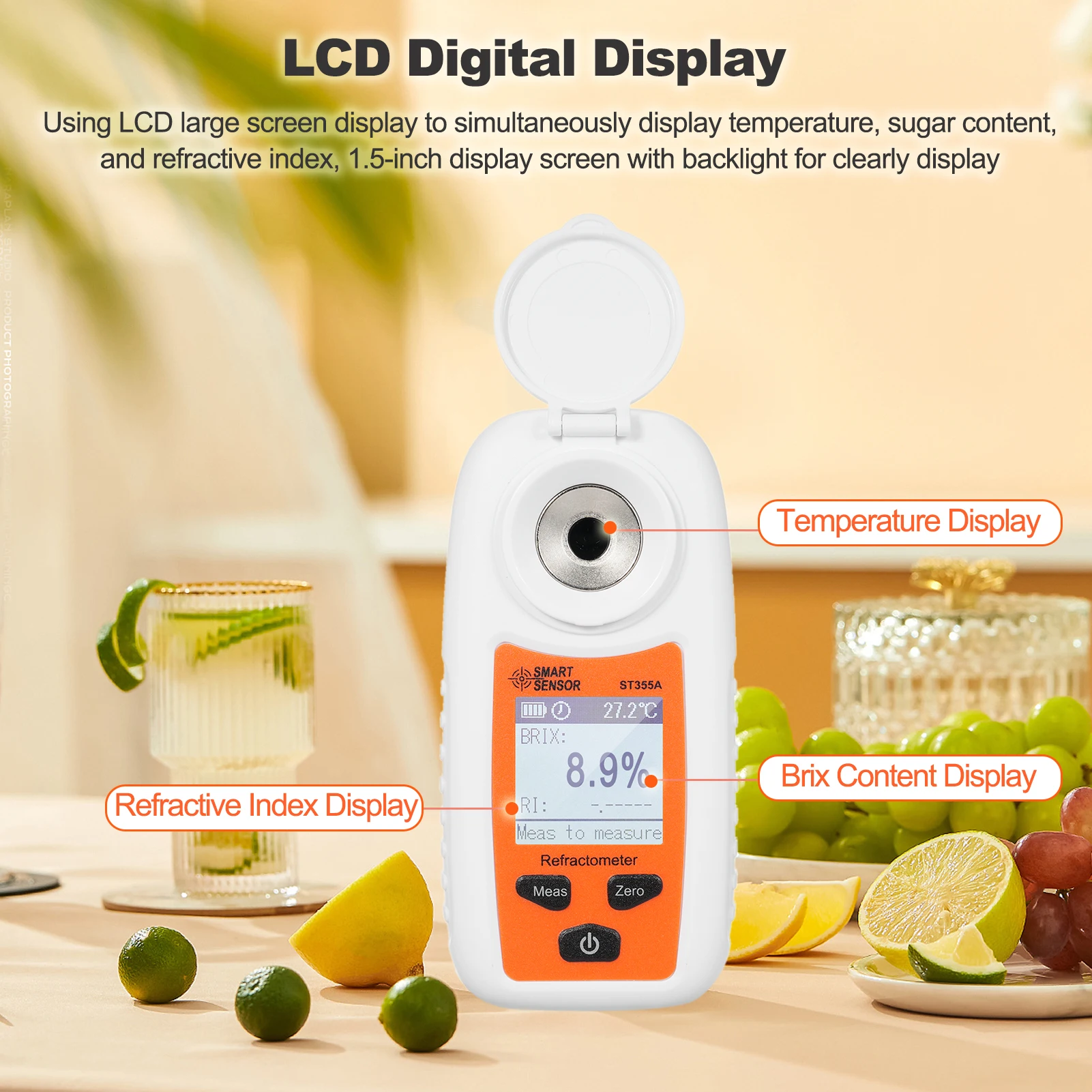 LCD Digital Refractometer Brix Meter Sugar Content Measuring Instrument Fruit Juice Beverage Wine Beer 0-55% Range