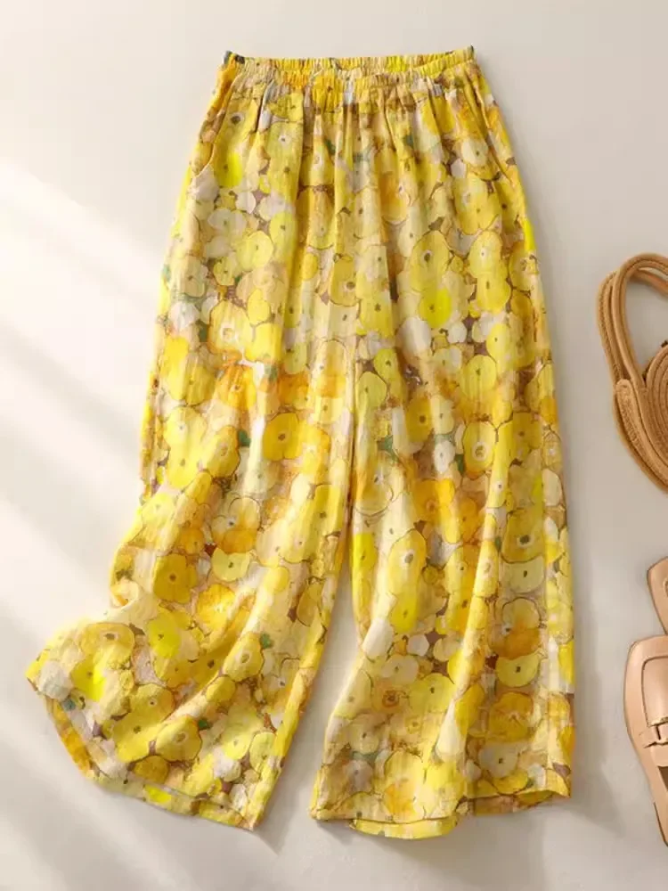 

Vintage Literary Floral Print Women Trousers 2024 New Summer Cool Thin Breathable Wide Leg Pants Draped Straight Harem Pants