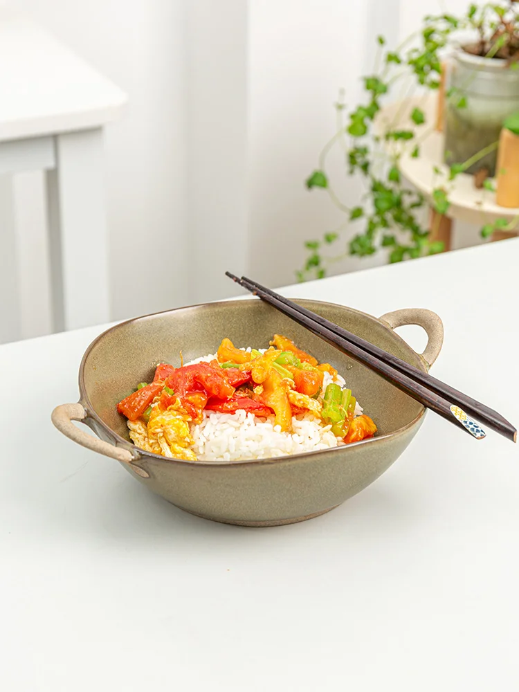 

Japanese Retro Ceramic Binaural Noodle Bowl Binaural Bowl Household Large Capacity Soup Bowl Underglaze Colored Noodle Bowl