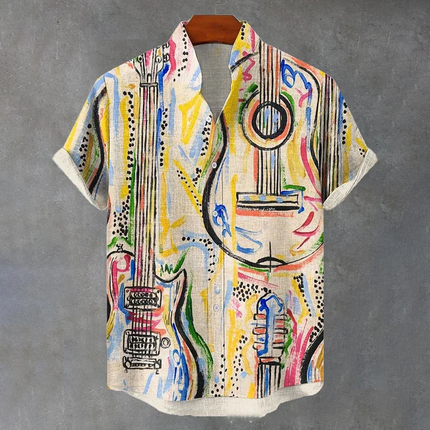 Imagining an exaggerated Hawaiian shirt with tropical style, 3D digital printing, men's short sleeved stand up collar shirt