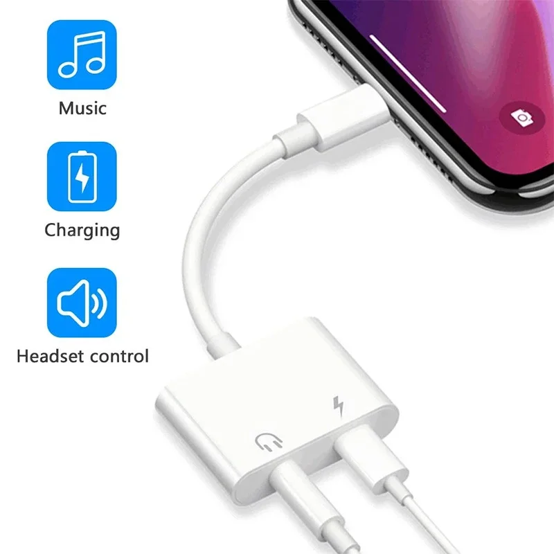 For iPhone 2 In 1 Audio Adapter Aux Jack Headset Lighting 3.5mm To Headphone Splitter Charging Earphone Cable For iPhone 14 13