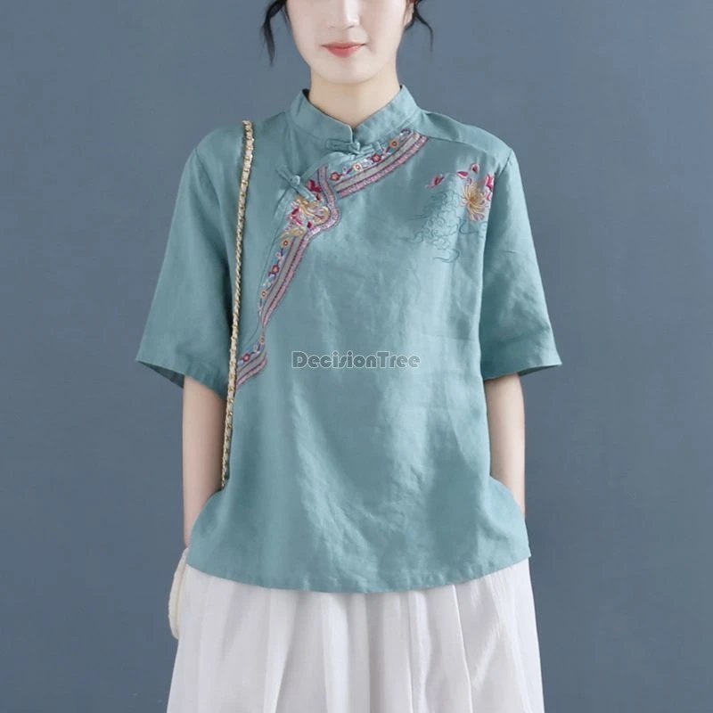 

2024 summer new chinese ethnic style pure cotton top exquisite embroidery elegant improved qipao top vintage daily loose blouse