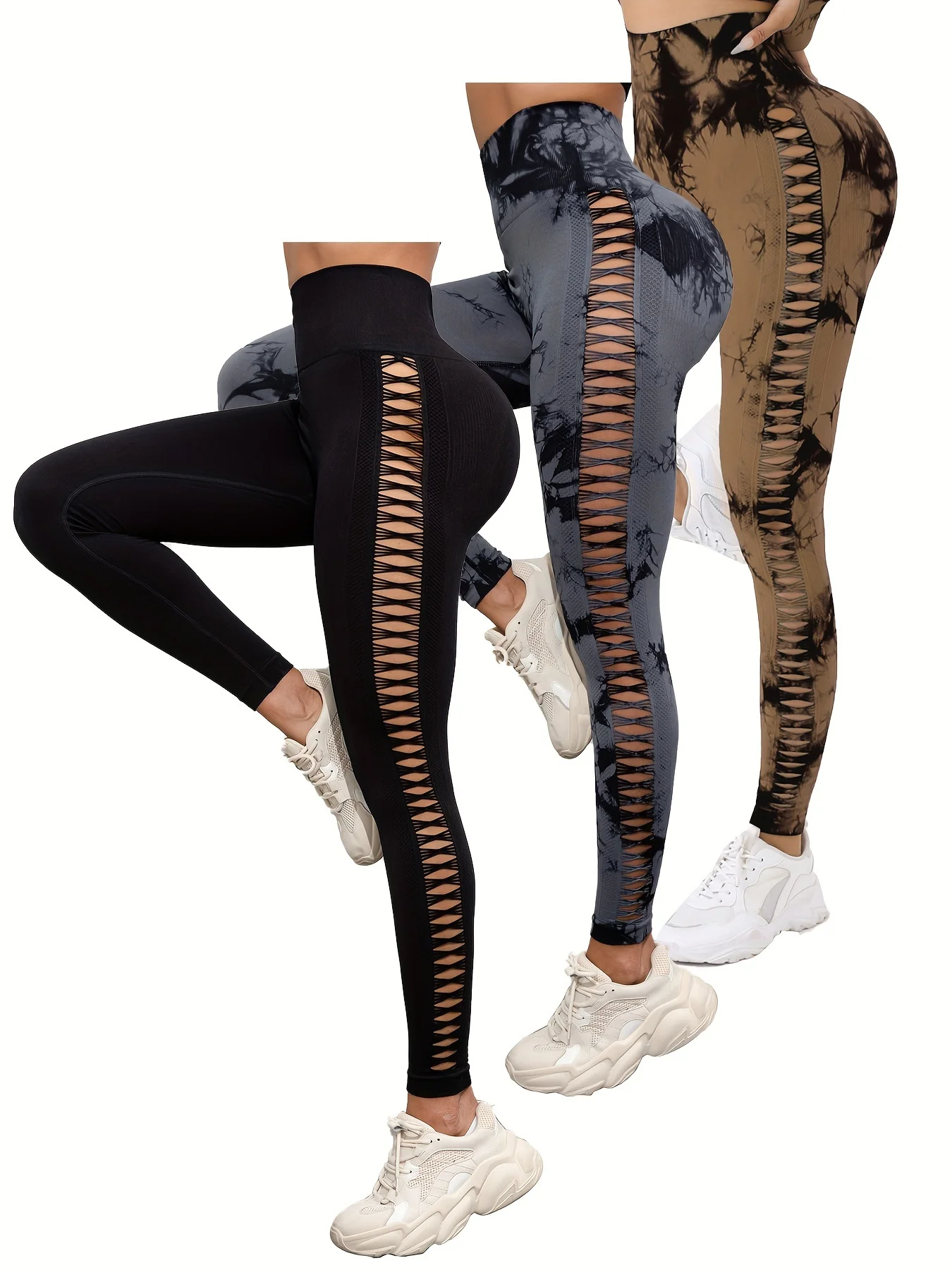 المرأة عالية الخصر التعادل صبغ الجانب الجوف خارج لفافة ساق غير مخيطة Scrunch الورك رفع الجوارب المرنة اليوغا سراويل رياضية