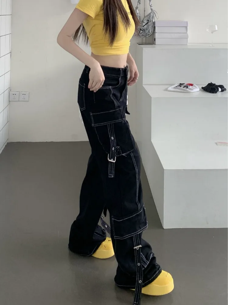 Deeptown Y2k Harajuku Streetwear High Waist Wide Leg Pants American Vintage Pockets Bandage Solid Loose Denim Trousers 2000s