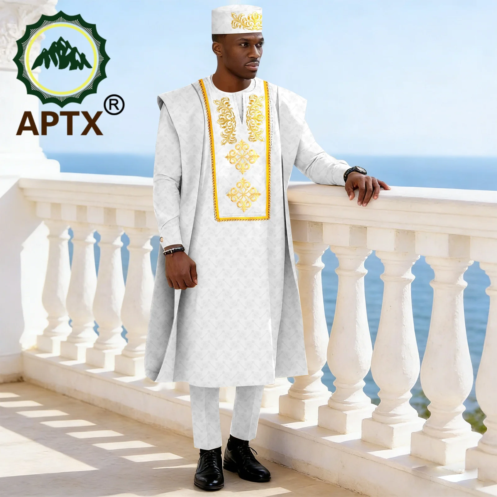 African Traditional Men's 3-Piece Outfit with Embroidery Agbada Robe Long Sleeve Shirt Trousers And Hat Formal Party 2616027