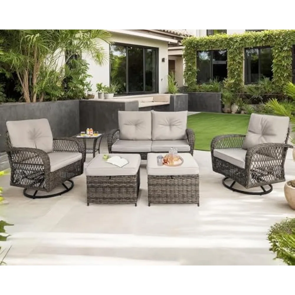 

6 Pieces Patio Furniture Set, Outdoor Wicker Sofa Couch with 360° Swivel Rocking Chairs,Patio Conversation Sets with Ottoman and