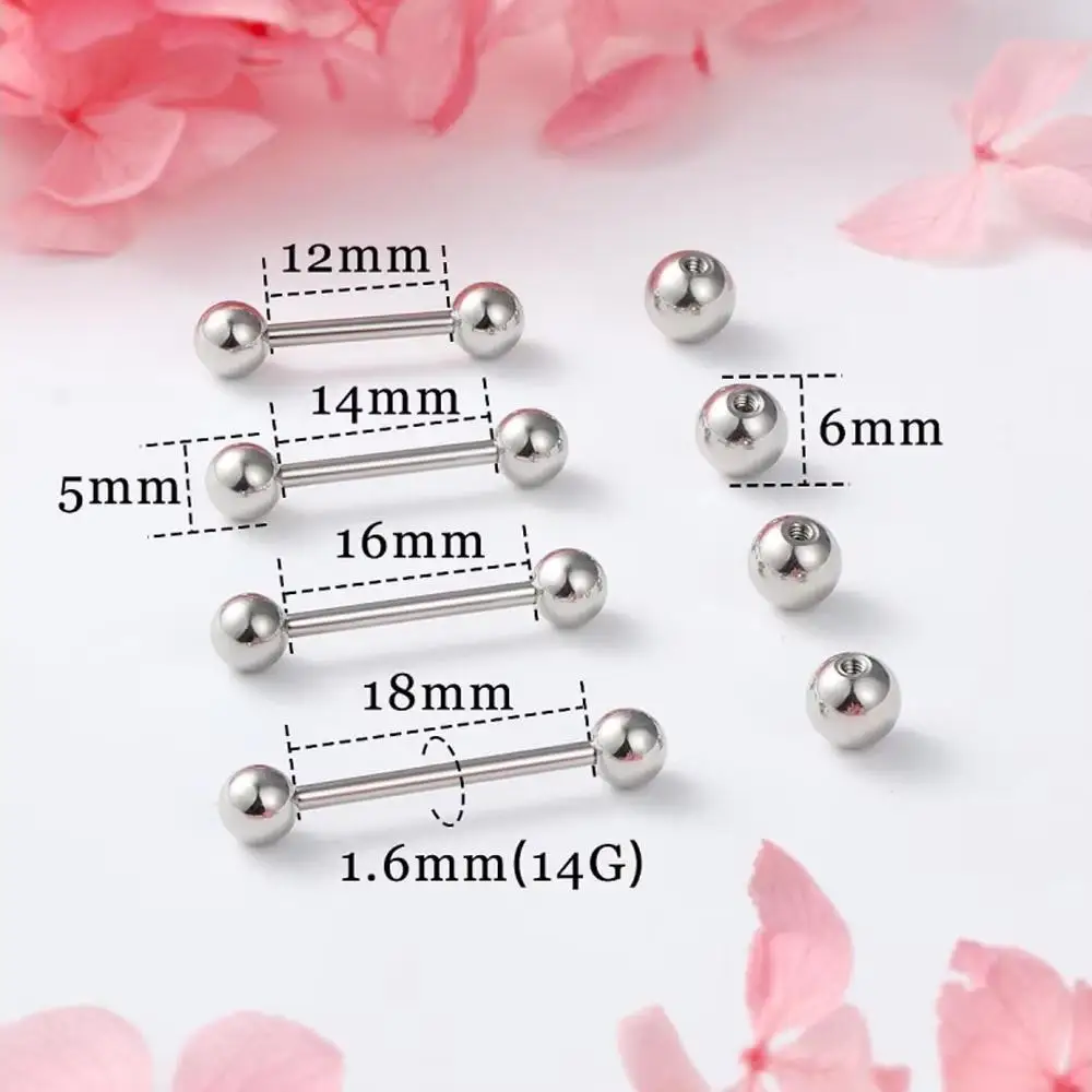 16Pcs Set Nipple Tongue Rings Stainless Steel Straight Barbells Piercing Jewelry Short Long Bar Bridge Piercings 12/14/16/18mm