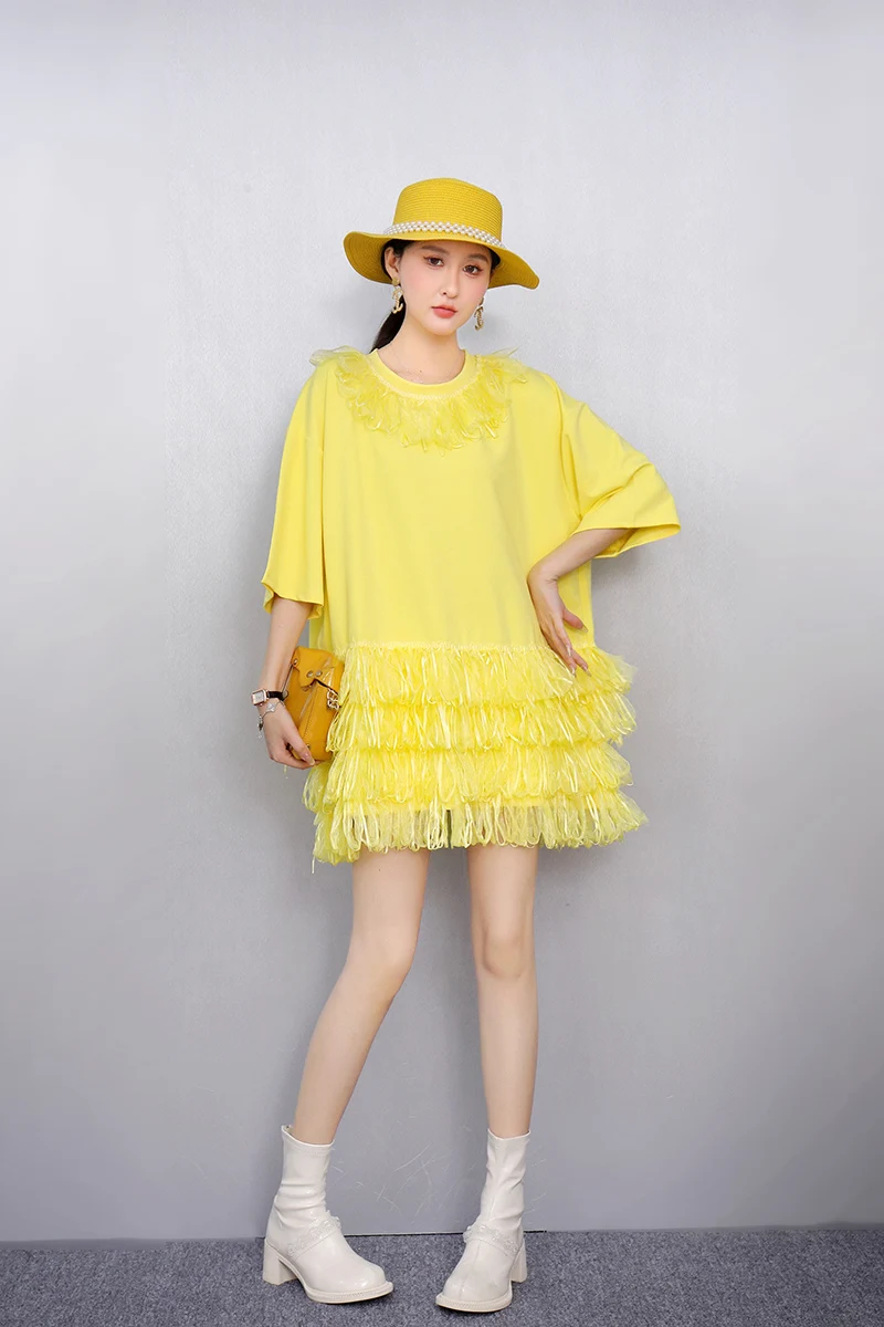 2025 Wiosna Lato Moda Eleganckie O-Neck Luźne Długie T-shirty Sukienki Kobiety Siatka Puszysta Sukienka Ladies J1090