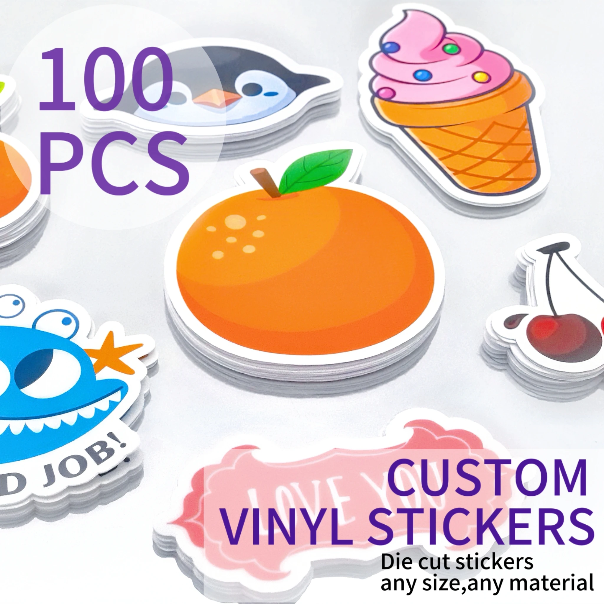 100pcs Custom Stickers PVC Waterproof Die Cut Vinyl Personalized Logo Design Cute Sticker For Laptop Birthday Party Wedding