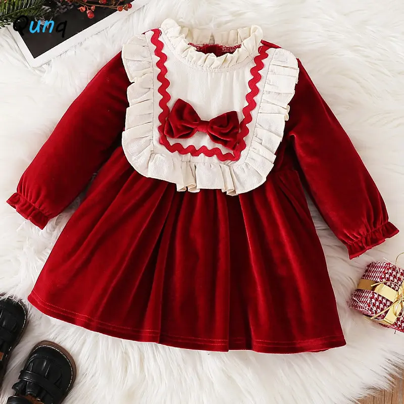 

Qunq Autumn Winter New Baby Girls O-neck Long Sleeve Lacework Bow Splicing Thicken Lovely Dress Casual Kids Clouthes Age 3T-8T