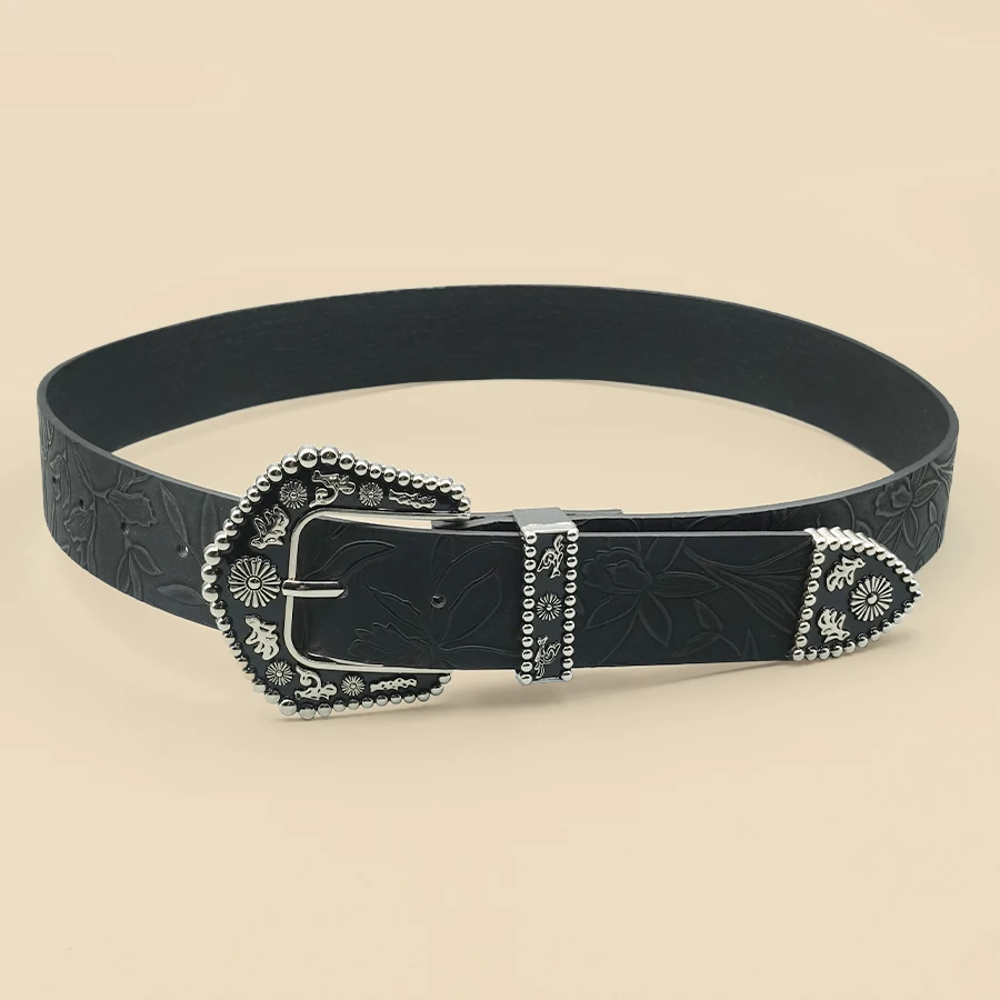 حزام نسائي غربي أنيق عتيق - إبزيم منحوت أسود عصري مع طباعة أوراق رقيقة، زخرفة كلاسيكية غير رسمية