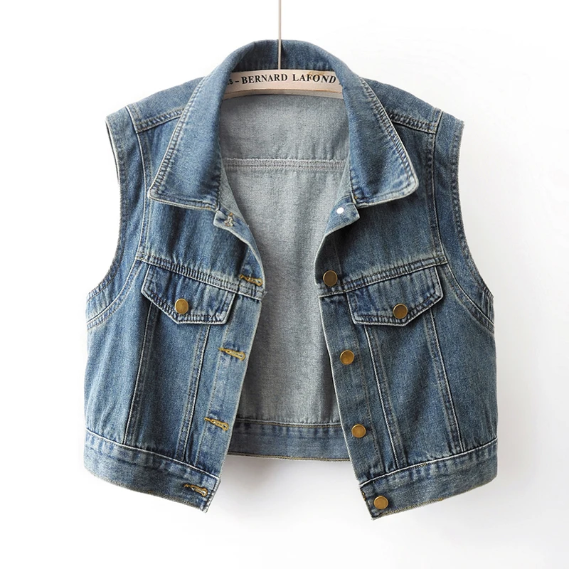 

Vintage Blue Turndown Collar Denim Vest Women Waistcoat Casual Cowboy Sleeveless Jacket Korean Loose Short Jeans Vests Female