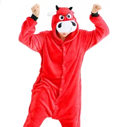 Red Bull Attractive Cute Animal Kigurumi Hooded Jumpsuit Pajamas Halloween Party Costume Soft Flannel Home Wear Women's Clothing