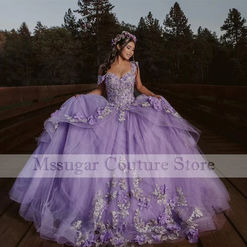 2022 الأرجواني الدانتيل فساتين Quinceanera الكرة ثوب يزين قبالة الكتف الحلو 16 فستان المشاهير Vestidos دي Quinceañera