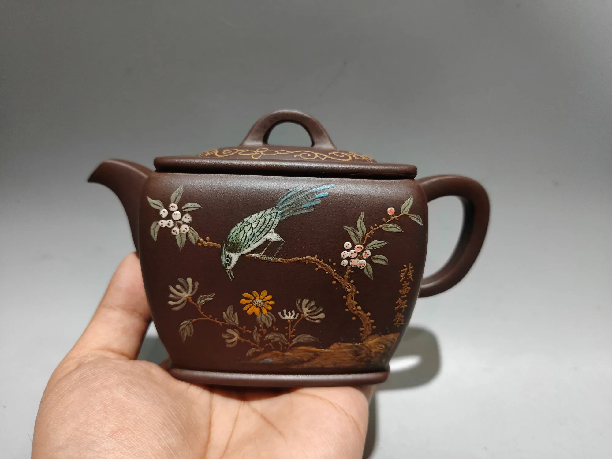 Yixing Purple Clay Teapot Mud painting Magpie and Plum Blossom Pattern Four sided Kettle Teapot Flagon Amass wealth Ornaments