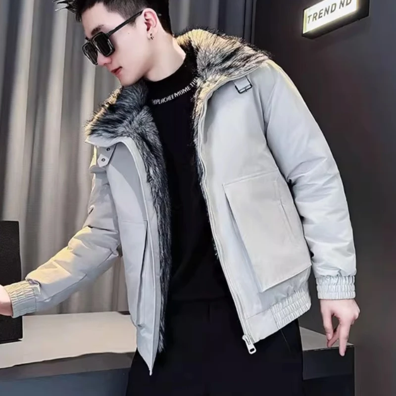 

2025 Winter Imitation Fur Collar Jacket for Men Fashion Thick and Warm Casual Coat Hiphop Overcoat Social Street Wear Parkas
